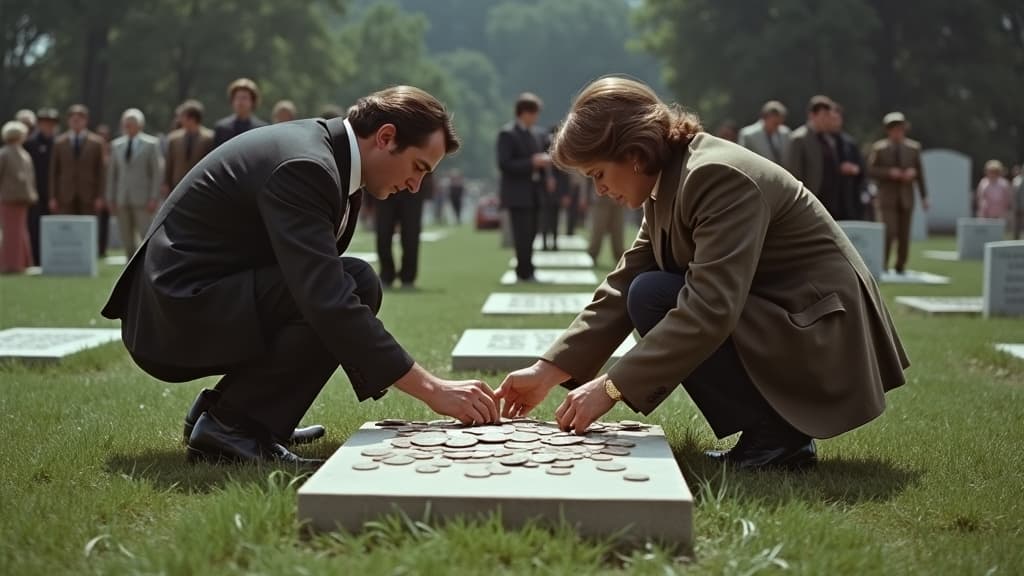 Coins left on a Vietnam War veteran's headstone as a silent tribute in the 1970s