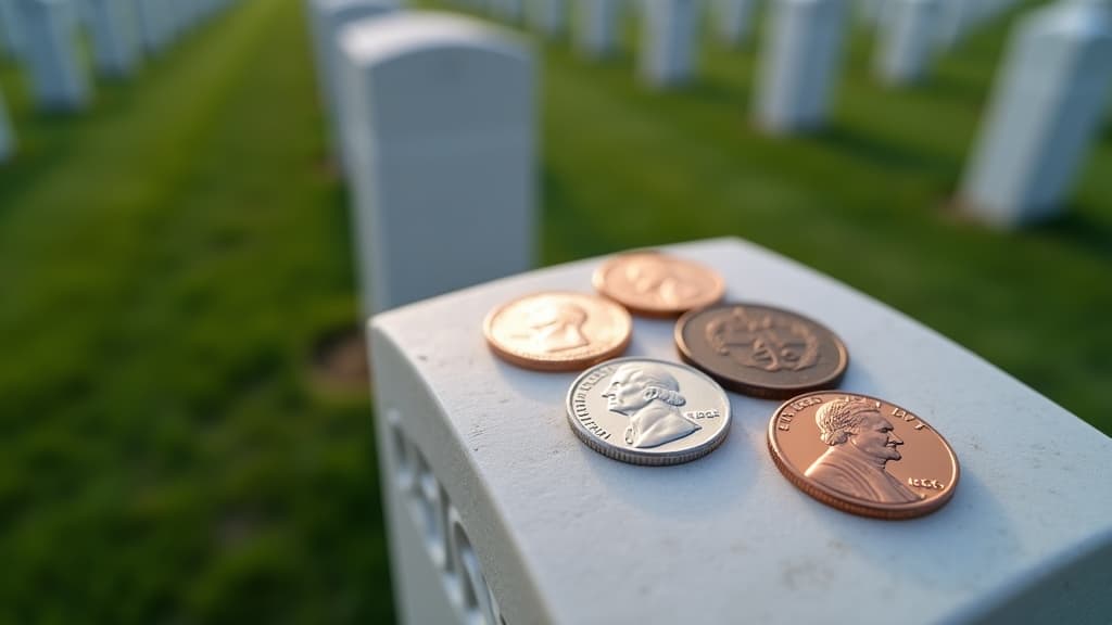Different coins placed on military headstones showing meanings of penny, nickel, dime, and quarter