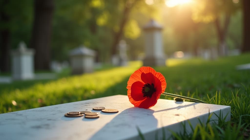 Red poppies and coins placed on a grave as tribute to fallen soldiers and loved ones