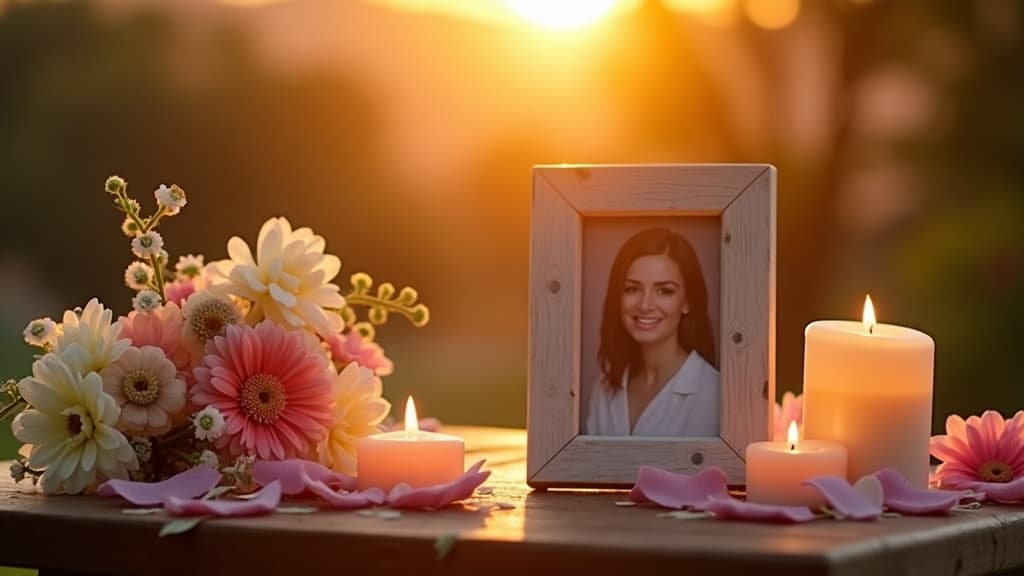 A serene sunset memorial setup with candles and flowers
