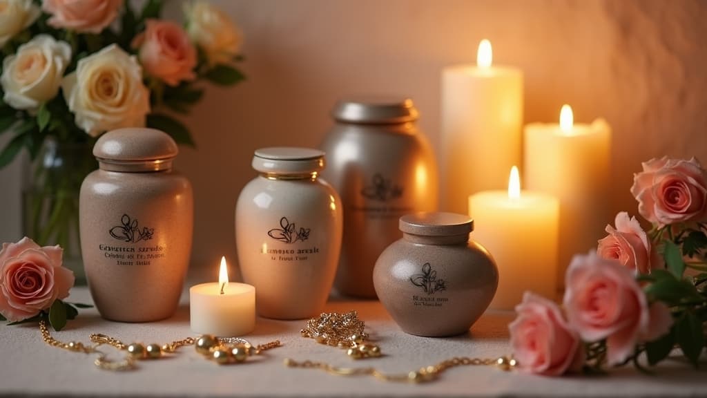 Elegant cremation urn and memorial keepsakes displayed on a wooden table