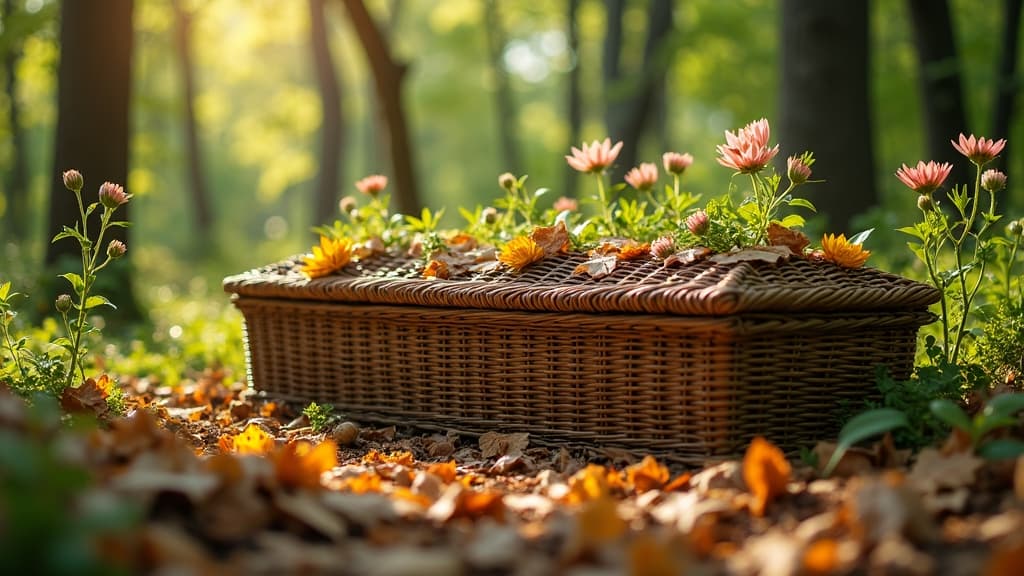 Natural green burial in forest setting with biodegradable casket