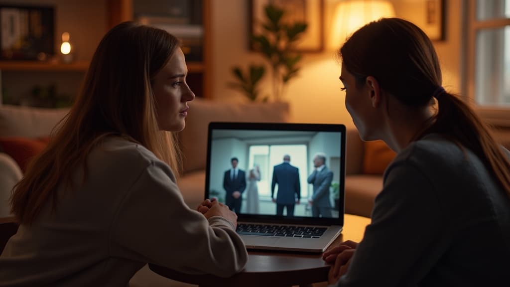 Family attending a virtual funeral service via video call on a laptop