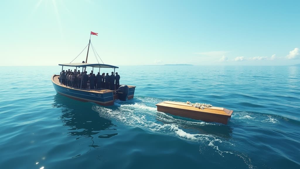 Ceremony of burial at sea with ocean, boat, and respectful attendees
