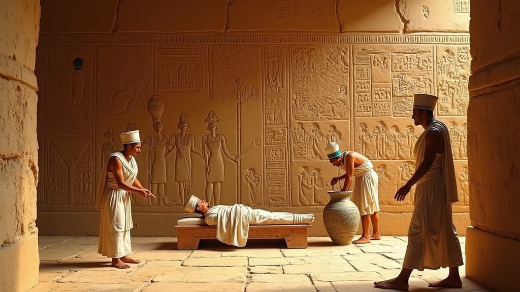 Ancient Egyptian hieroglyphs depicting the historical mummification and embalming process.