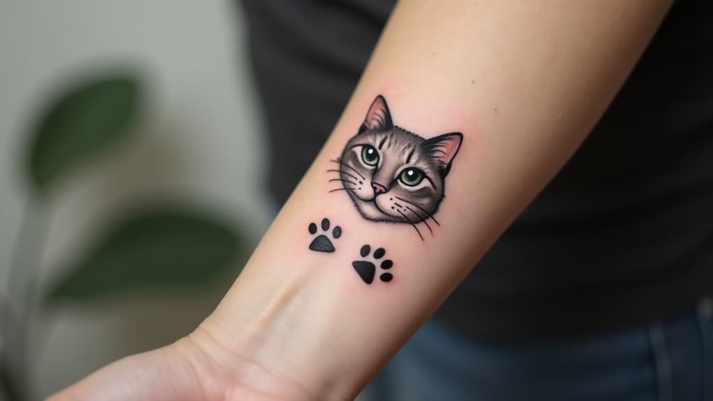 Realistic black and grey cat memorial tattoo on a person’s forearm