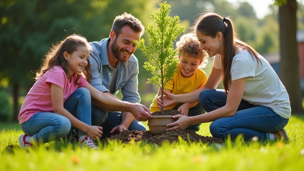 Family planting a tree with biodegradable urn in backyard