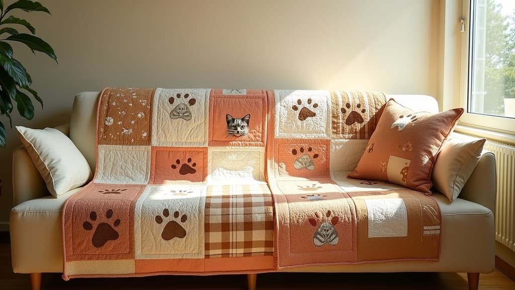 Patchwork pet memorial quilt with cat photos and paw prints