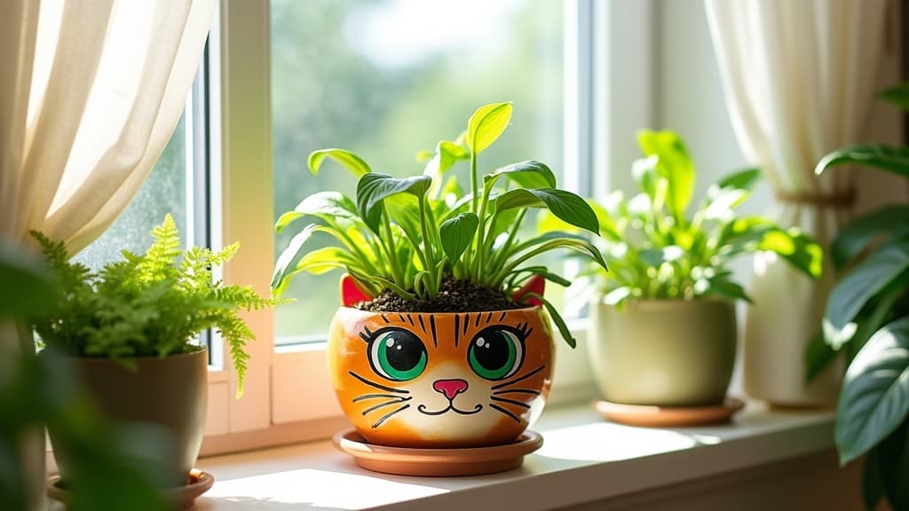 Terracotta planter painted with colorful cat portrait