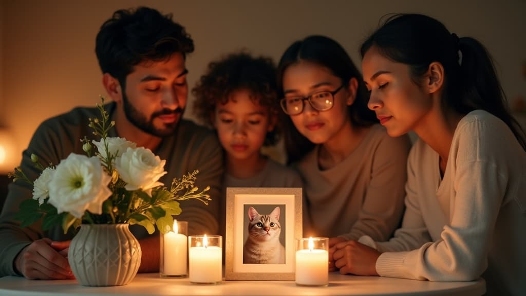 Family memorial ceremony lighting candles around a photo of a beloved cat.