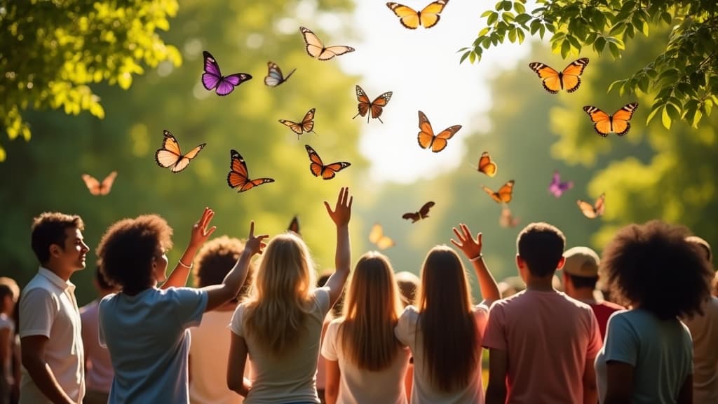 Group releasing butterflies at a memorial service