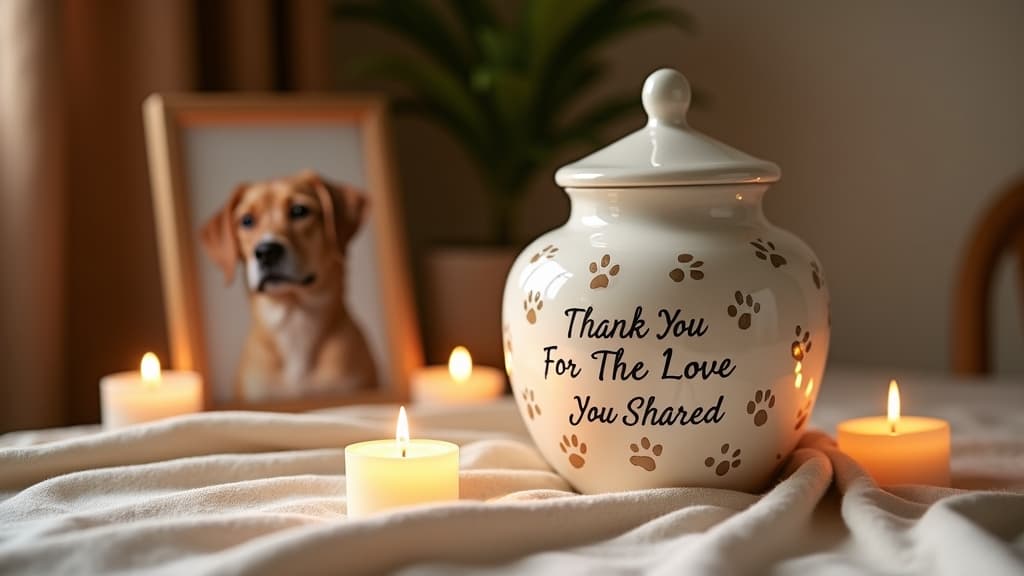 Ceramic dog urn with engraved epitaph