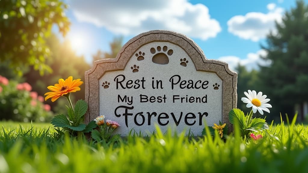 Pet grave marker with epitaph and carved paw prints