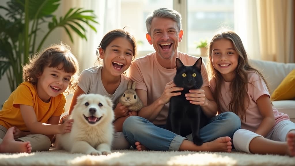Happy people and pets interacting