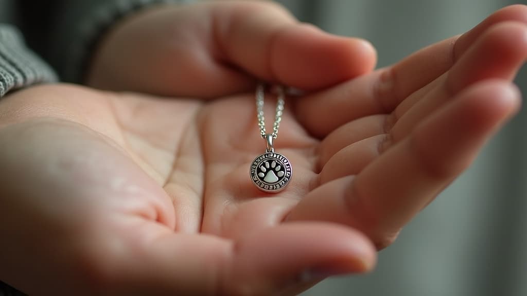 Close-up of pet memorial jewelry worn on a person