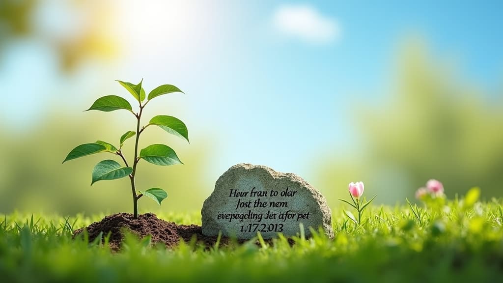A small tree or flower planted beside a pet memorial stone
