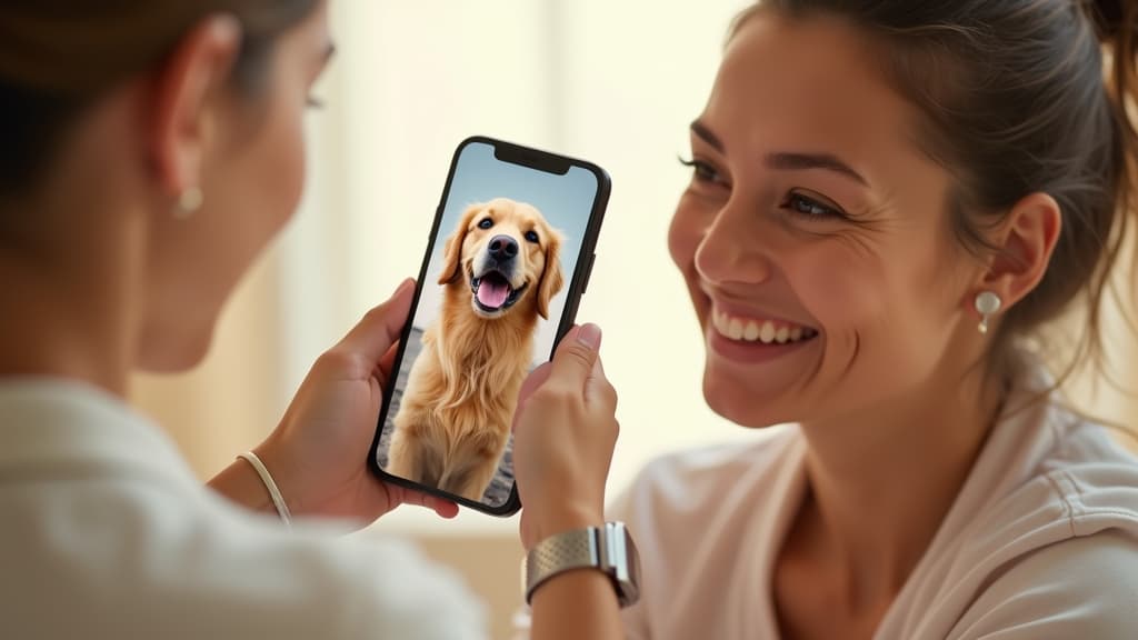 Person sharing a cheerful photo of a pet on a smartphone