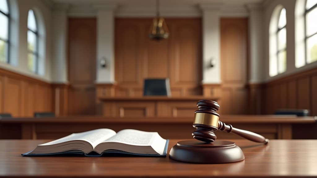 A formal courtroom setting with a judge's bench and gavel