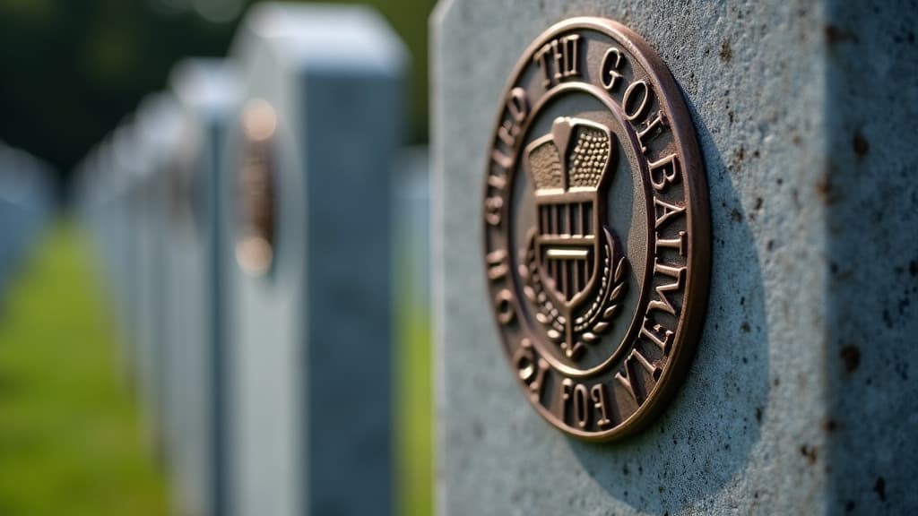 a veteran's grave marker featuring a bronze VA medallion