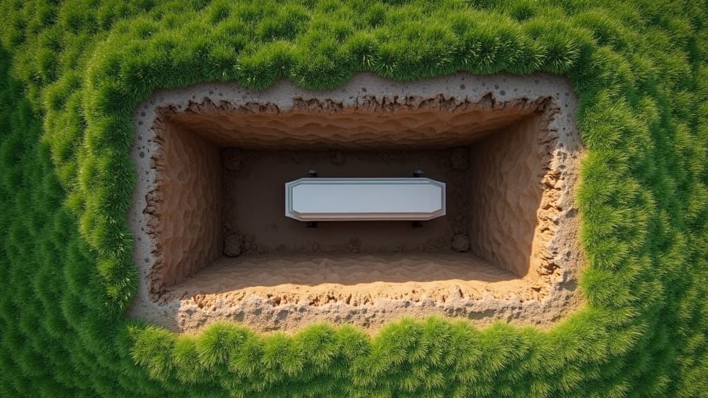 An open cemetery plot with a grave liner or burial vault