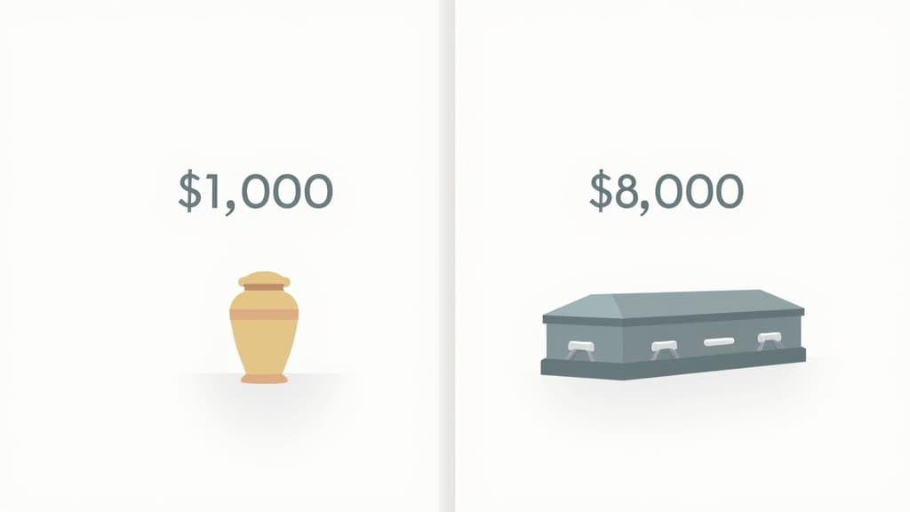 an urn with a lower price tag versus a casket with a higher price tag