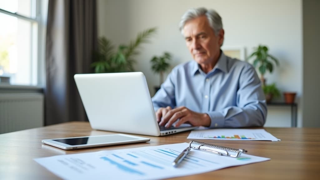 A person confidently reviews financial documents and digital accounts