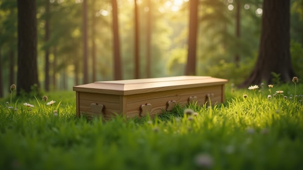 A simple, biodegradable wooden casket resting on green grass in a natural setting