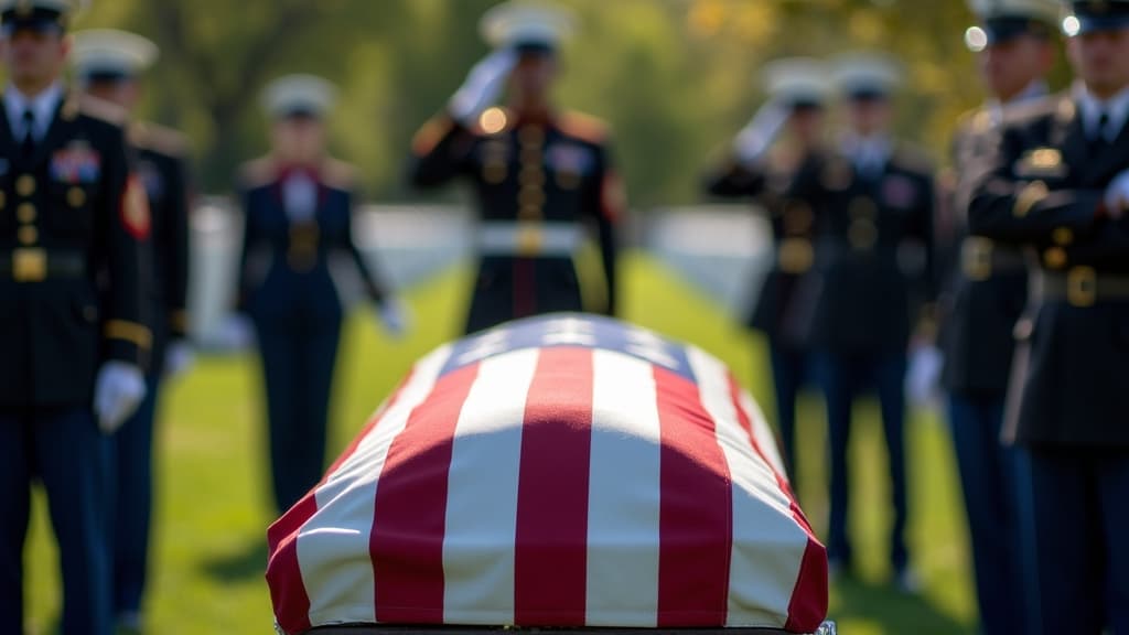A solemn military funeral ceremony with an American flag