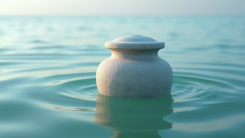 Biodegradable urn floating on calm ocean water