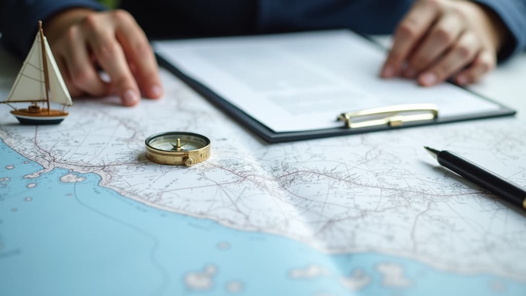 Nautical charts and official documents on a desk