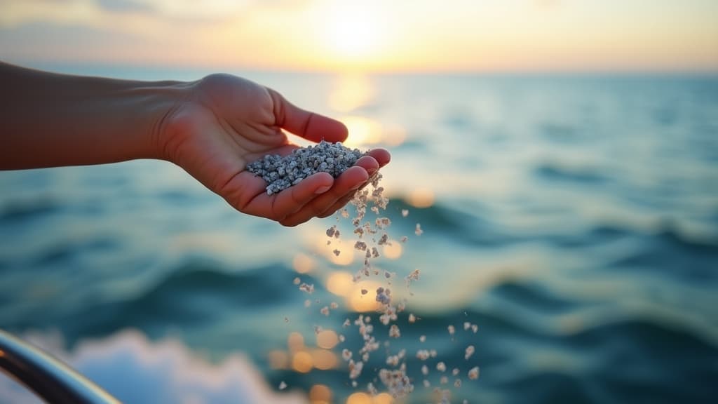 Scatters cremated ashes over the calm ocean waves from a boat
