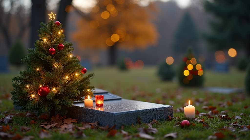 A gravesite tastefully decorated for Christmas with a small festive tree and greenery.