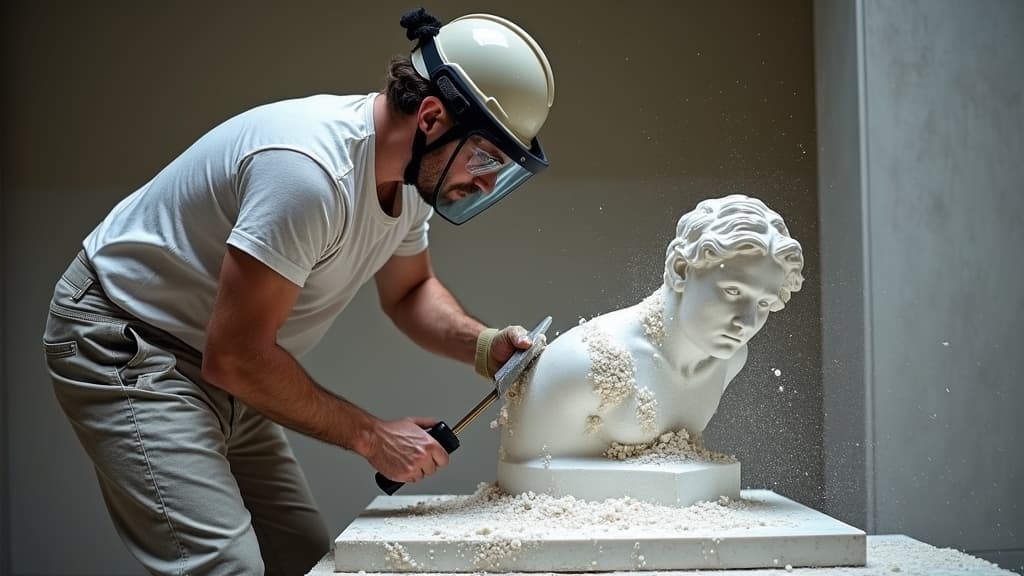 A sculptor in action, using a point chisel and mallet to rough out the initial form from a large marble block
