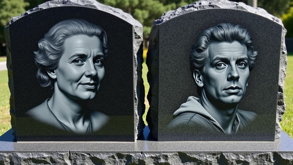 A laser-etched portrait and a hand-etched portrait on granite headstones