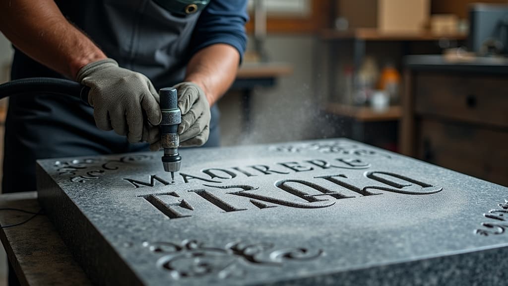 A high-pressure sandblasting tool to engrave intricate designs and lettering onto a granite headstone