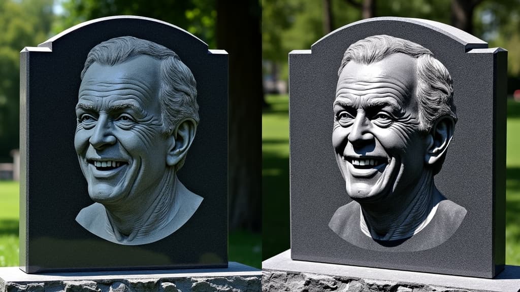 A laser-etched portrait vs hand-etched portrait on a headstone