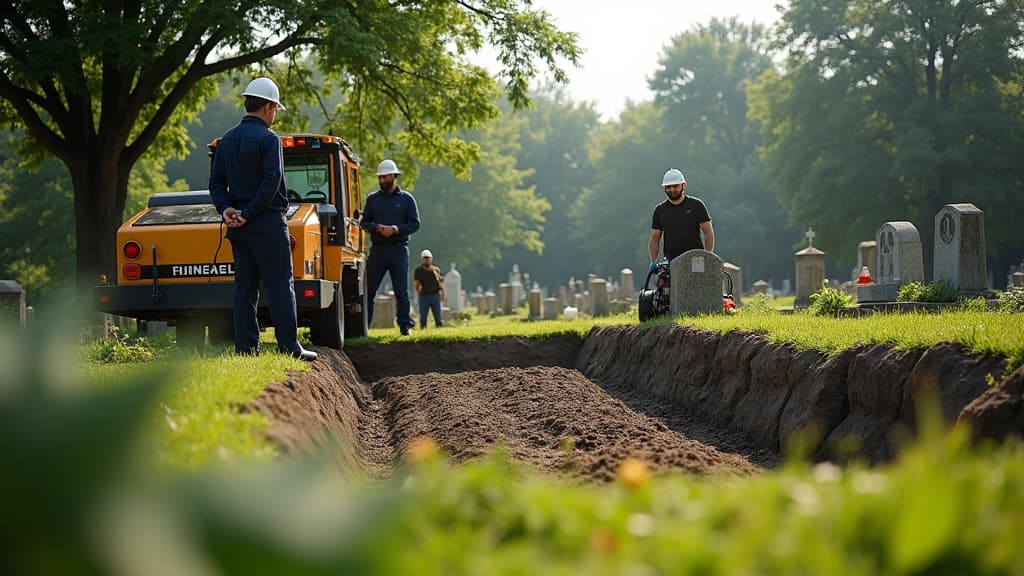 The solemn process of exhuming a grave in a cemetery
