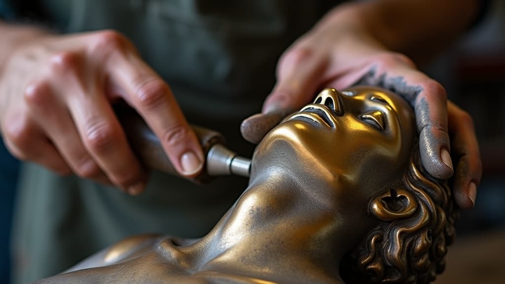 A freshly cast bronze sculpture during the chasing and finishing process