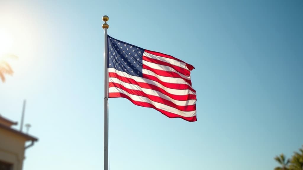 A pristine American flag flying proudly on a flagpole against a clear sky