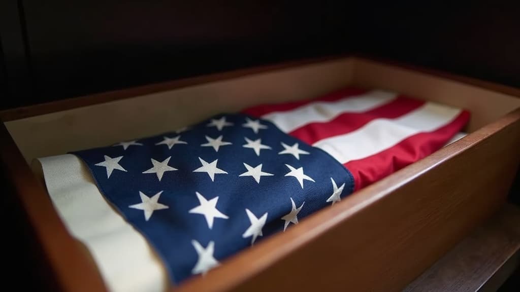 An American flag being carefully stored flat in an acid-free box or wrapped in protective cloth