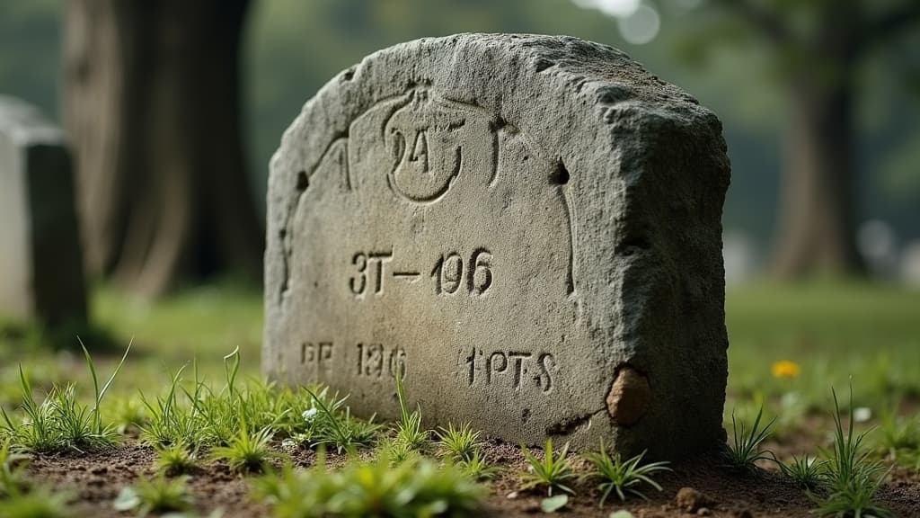 A weathered, simple slab gravestone made of old sandstone or slate