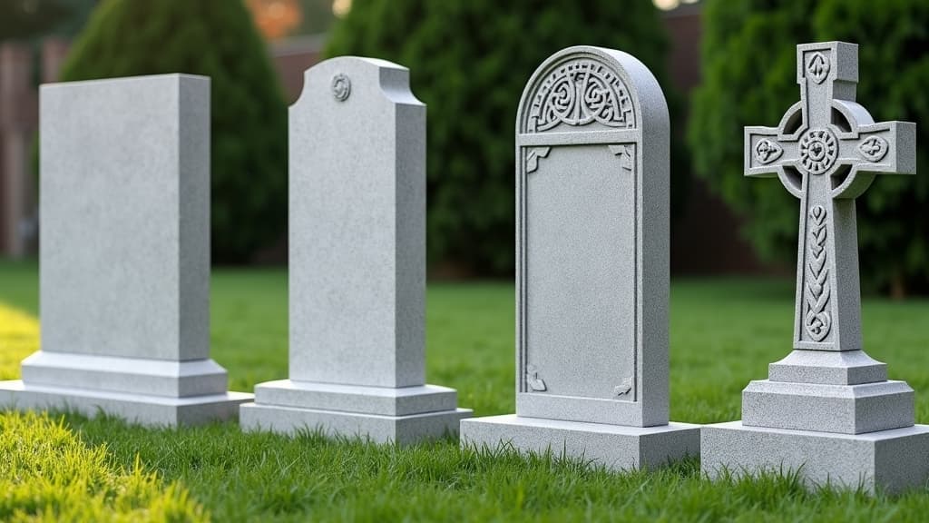 Different modern gravestone types, including flat, upright, slanted, and Celtic cross designs, found in cemeteries today.