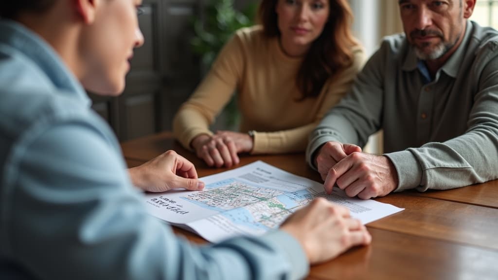 A family or couple calmly discussing cemetery plot options.