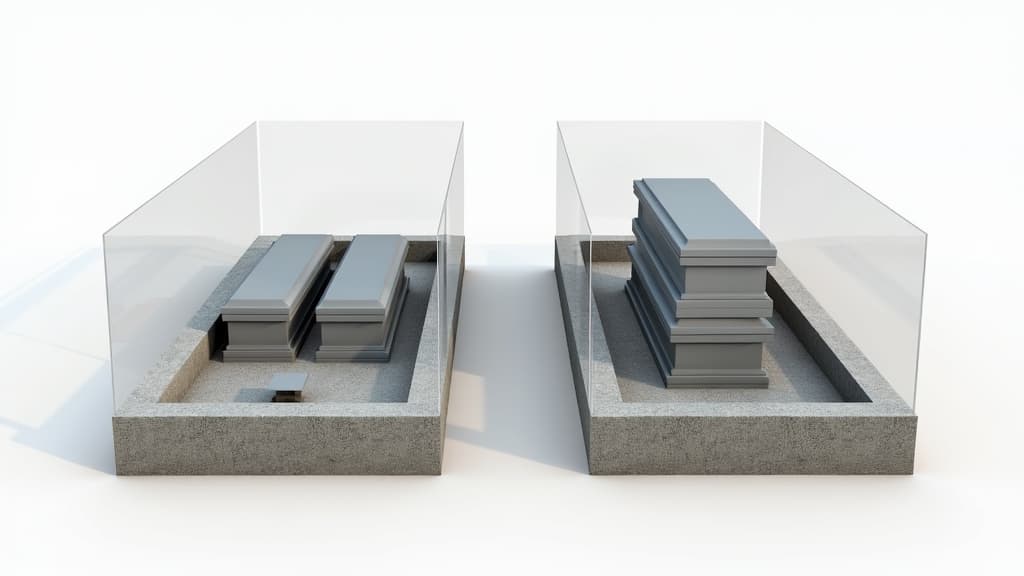 Burial plots with individual markers and a double-depth plot with stacked caskets under a single marker.