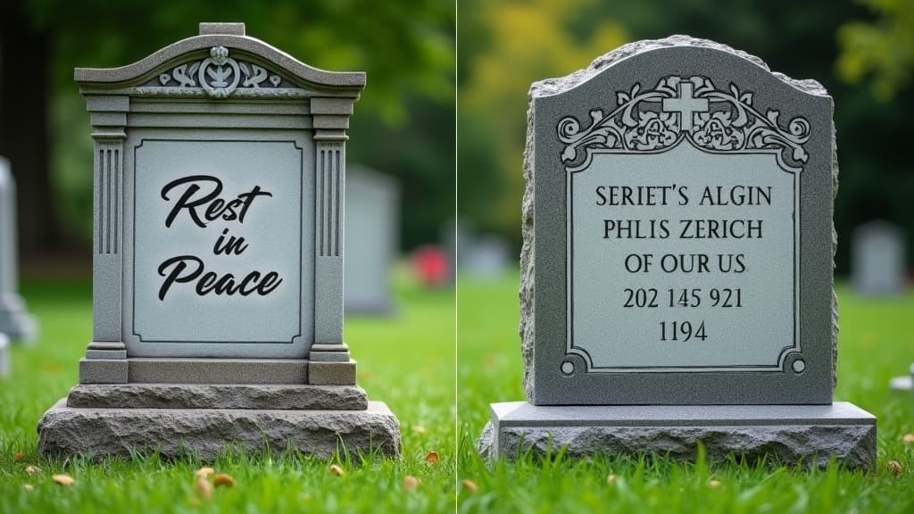 A visual comparison showing a simple headstone with a concise epitaph versus an ornate headstone with a detailed inscription.