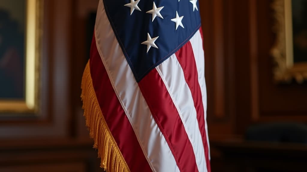 A ceremonial American flag with decorative gold fringe trim