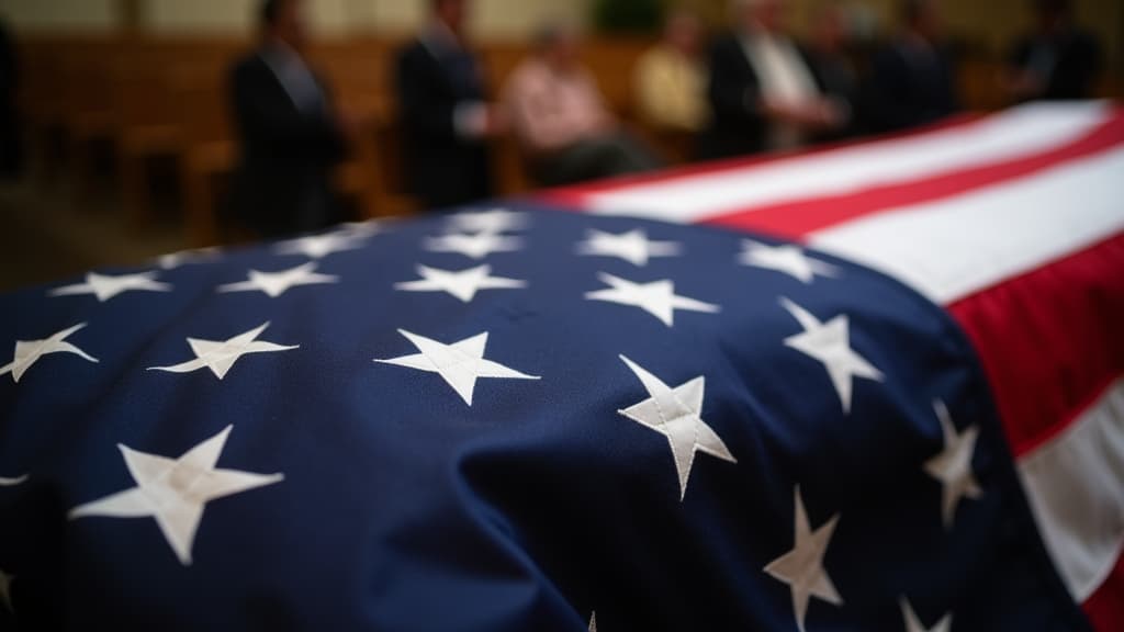 An American flag draped respectfully over a closed casket.
