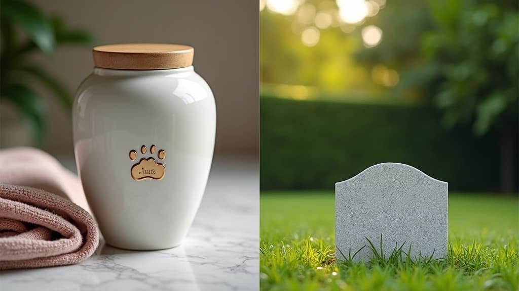 A pet cremation urn on one side and a pet burial grave marker in a garden on the other.