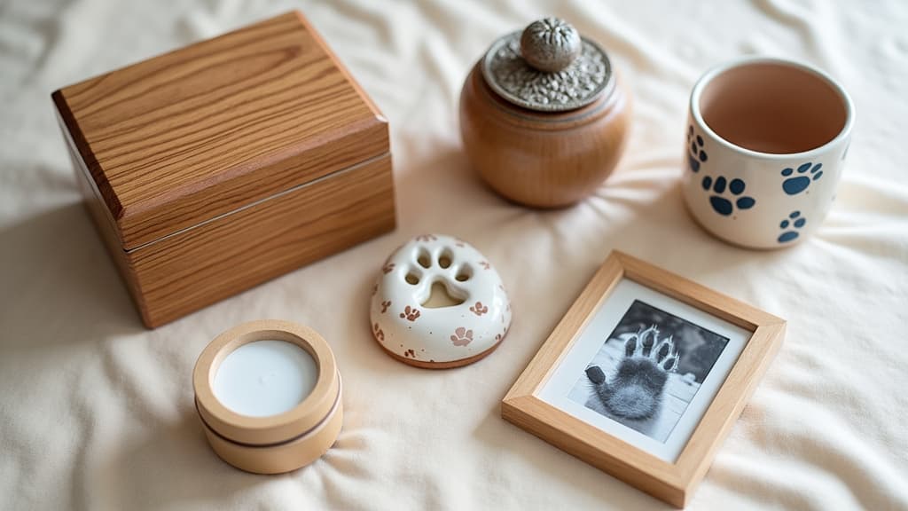 A collection of pet cremation memorial items for personalized remembrance.