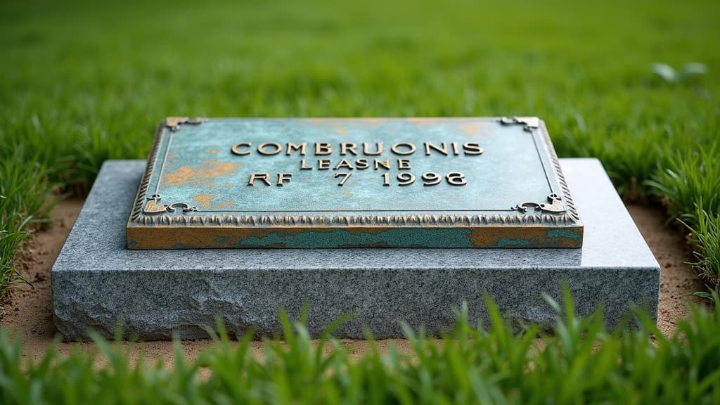 A bronze grave marker plaque set on a polished granite base.